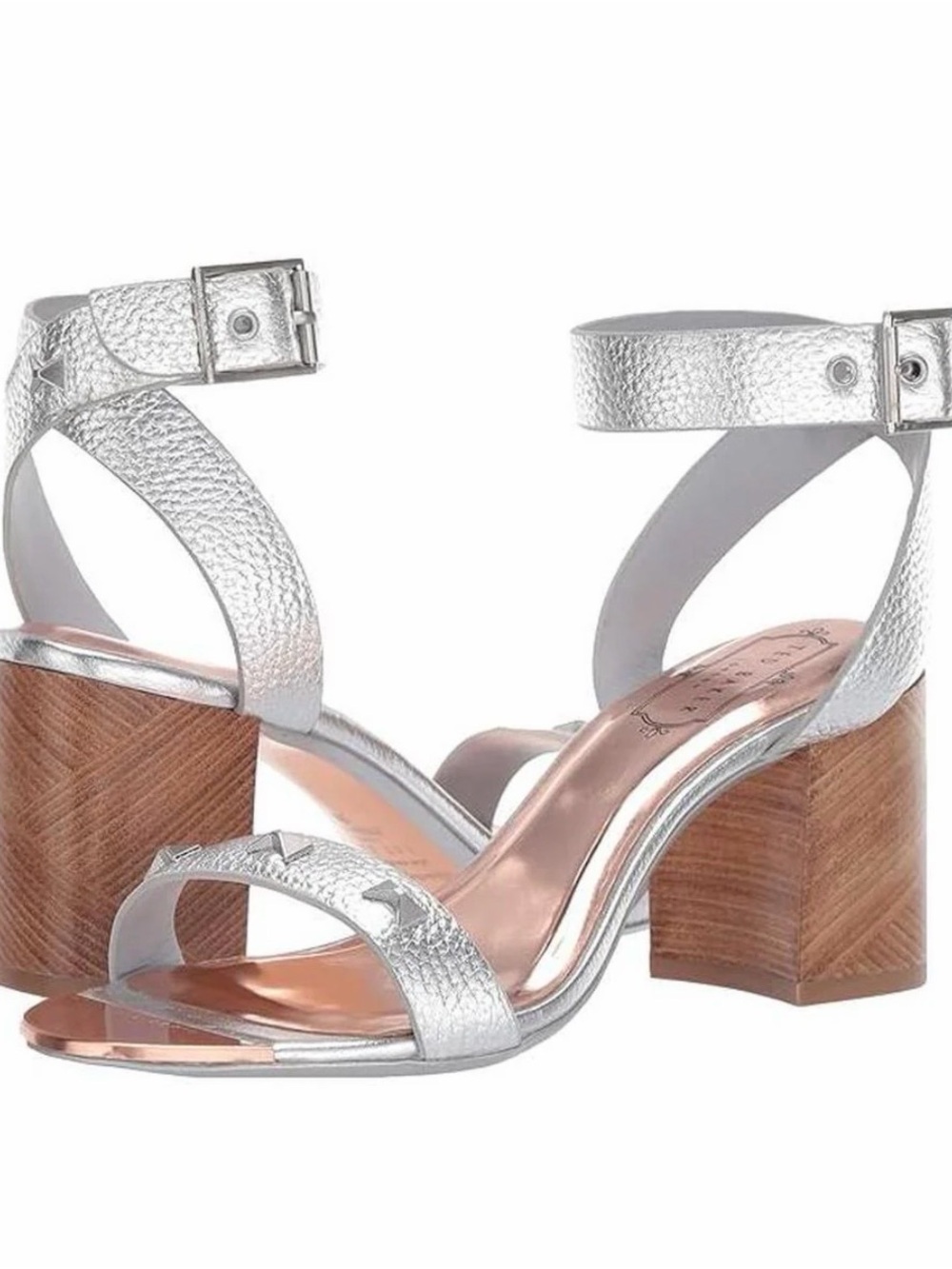 Ted Baker Silver Metallic Ankle-Strap Block Heel Sandals SIZE:41